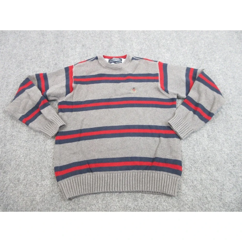 Tommy Hilfiger Sweater Mens Small Gray Crewneck Striped Knit Pullover Logo